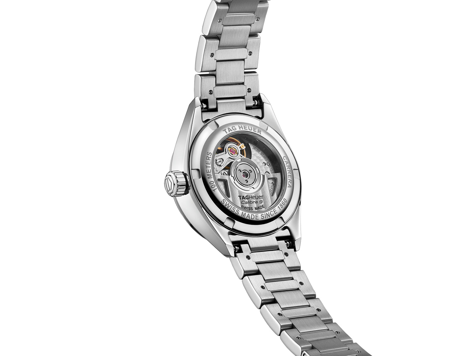 Back of 29mm TAG Heuer Carrera Calibre 9 Automatic Ladies' Blue Steel Watch